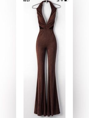 Edikted Brown Halter Jumpsuit XS Flare Leg Cutout Back Y2K Going Out